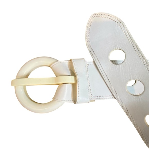 MINORONZONI Italian White Wide Leather Belt size Large Oversized Buckle Vintage - Picture 3 of 10